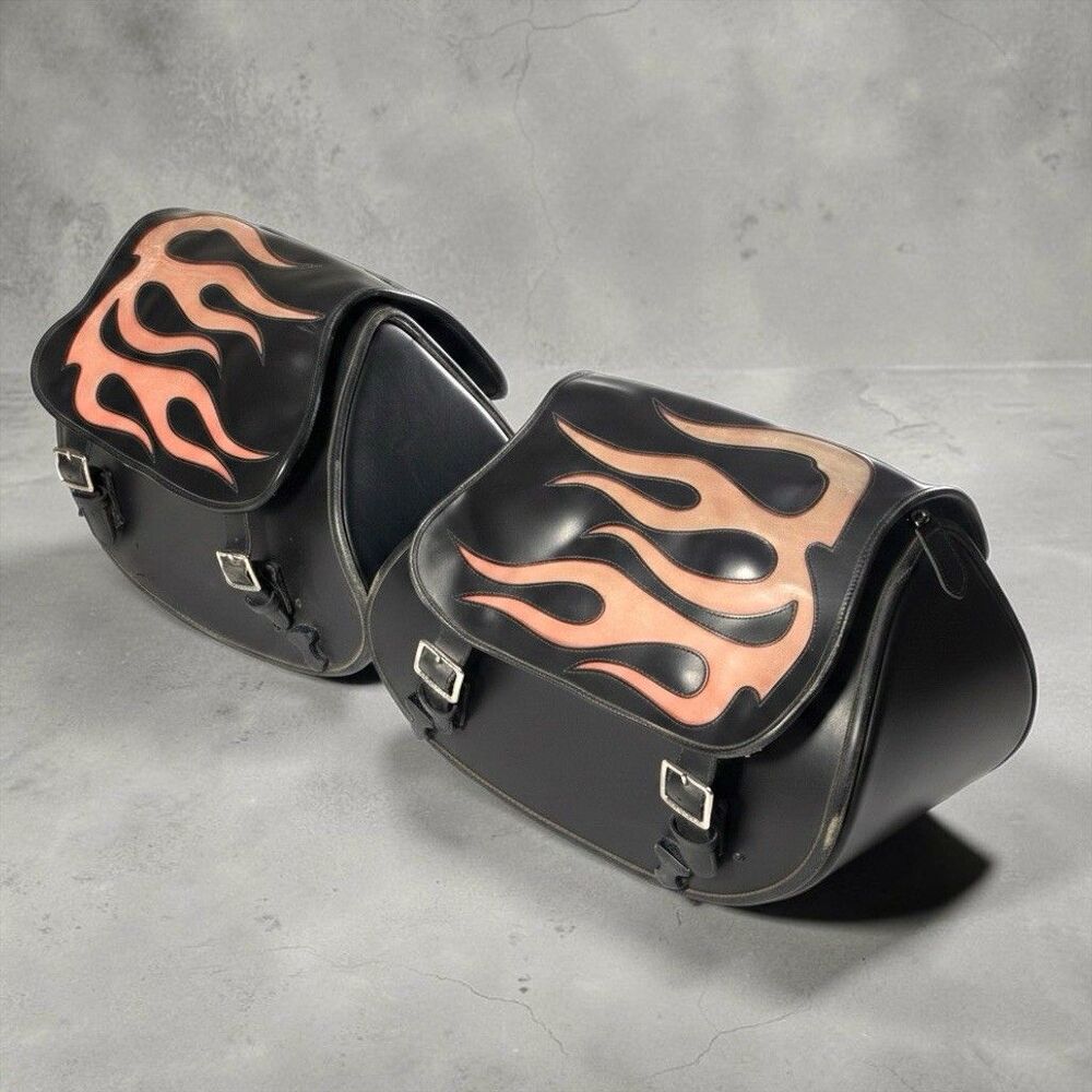 2 U.S. Saddlebag Co. Single Leather Motorcycle Saddle Bag Black Red Flame Design